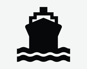 Container Ship Icon Big Boat Shipping Vessel Front View Ocean Linear Freight Shipment Sea Water Cruise Black White Silhouette Shape Vector Sign Symbol