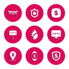 Set Native American Indian, Football ball, Shield with dollar, Vote, Eagle, Dollar symbol and Carnival garland flags icon. Vector