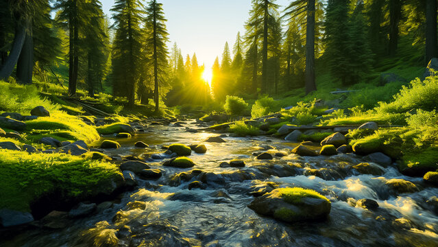  a stream in the forest, stunning photography, nature ligting, The rays of the sun through the leaves illuminate the brilliant forest with flowers on both sides of the stream