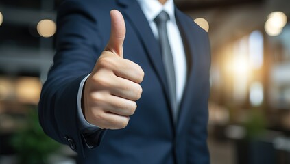 Businessman hand showing thumbs up sign in office. Success concept.