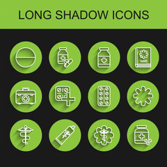 Set line Caduceus snake medical symbol, Ointment cream tube medicine, Medicine pill or tablet, Emergency star with stick, bottle and pills, Pills blister pack, Cross hospital and icon. Vector