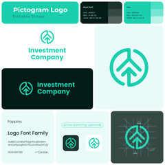Investment company green line business logo. Brand name. Business consulting. Arrow pointing up. Design element. Visual identity. Poppins font used. Suitable for financial advisor, technology company