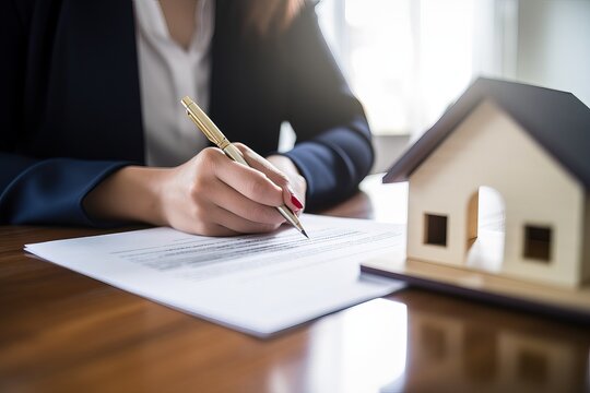real estate agent is signing a contract to sell a house.