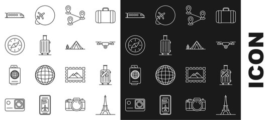 Set line Eiffel tower, Suitcase for travel and stickers, Drone flying with action video camera, Route location, Compass, Train and Tourist tent wood fire icon. Vector