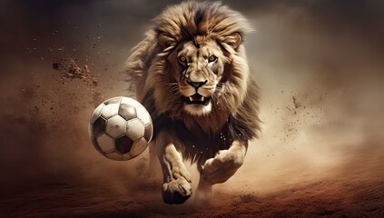 Big male lion with soccer ball flying in the air - obrazy, fototapety, plakaty