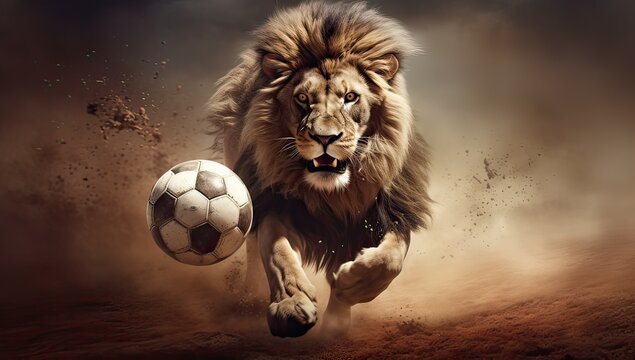 Fototapeta Big male lion with soccer ball flying in the air