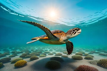 Naklejka na ściany i meble sun reflecting in ocean coral reef and sea turtle swimming in the sea's transparent blue water Generated Ai