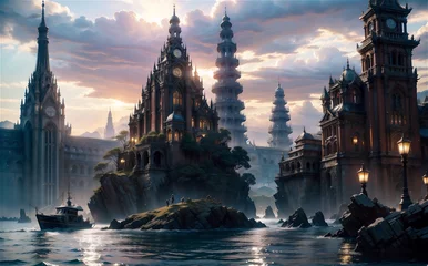 Fotobehang Ancient fantasy lost city of Atlantis. Stormy weather. Green stormy sky and ocean. © Frozen Design