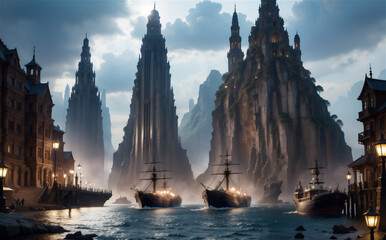 Ancient fantasy lost city of Atlantis. Stormy weather. Green stormy sky and ocean. - obrazy, fototapety, plakaty