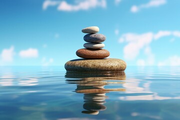 A peaceful 3D scene of stacked zen stones balanced in still water against a blue sky. Generative AI