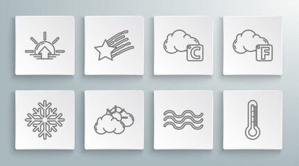 Set line Snowflake, Falling star, Sun and cloud weather, Waves, Thermometer, Celsius, Fahrenheit and Sunrise icon. Vector