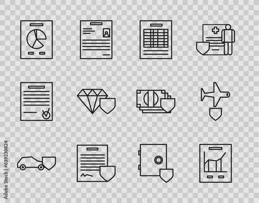 Poster set line car with shield, document graph chart, report file document, contract, diamond, safe and pl