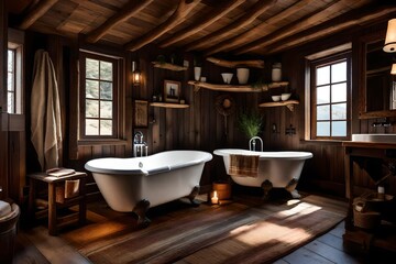 Fototapeta na wymiar a cozy cabin bathroom with wood accents, a clawfoot tub, and rustic decor