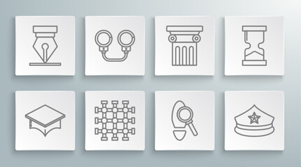 Set line Graduation cap, Handcuffs, Prison window, Magnifying glass with footsteps, Police cockade, Law pillar, Old hourglass and Fountain pen nib icon. Vector