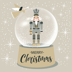 Christmas Nutcracker in snow glass globe Vector Illustration on Light Background.