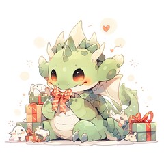 Obraz premium Fantasy cute dragon with christmas hat, новогодняя открытка, New Year 2024. Generative AI