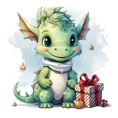 Fantasy cute dragon with christmas hat, новогодняя открытка, New Year 2024. Generative AI
