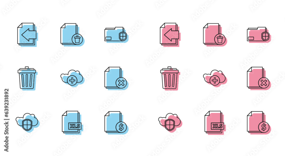 Poster set line cloud and shield, xls file document, next page arrow, finance, add cloud, delete, trash can