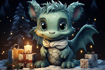 Fantasy cute dragon with christmas hat, новогодняя открытка, New Year 2024. Generative AI