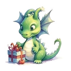 Obraz premium Fantasy cute dragon with christmas hat, новогодняя открытка, New Year 2024. Generative AI