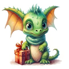 Fototapeta premium Fantasy cute dragon with christmas hat, новогодняя открытка, New Year 2024. Generative AI