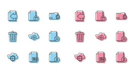 Set line Cloud and shield, XLS file document, Next page arrow, Finance, Add cloud, Delete, Trash can and icon. Vector