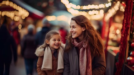 Mother and daughter walking through the Christmas market.