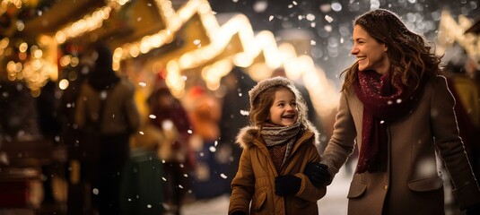 Mother and daughter walking through the Christmas market.