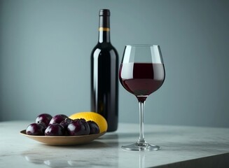 wine served with fruits on the table, blurred background
