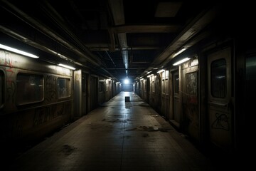 Fototapeta na wymiar Dark desolate subway, dystopian underworld. Generative AI