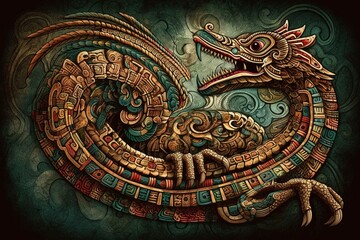 Illustration of Quetzalcoatl, a Mesoamerican god represented as a feathered serpent. Generative AI