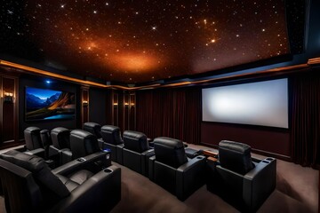 a home theater room with soundproof fabric panels and a starry ceiling
