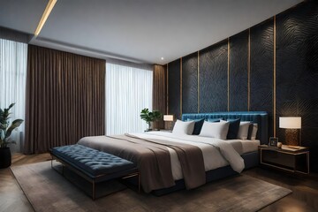 a bedroom with a 3D-textured accent wall