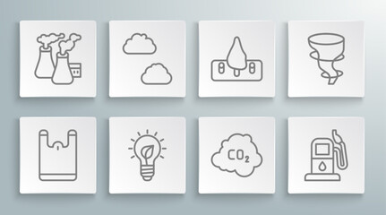Fototapeta na wymiar Set line Plastic bag, Cloud, Light bulb with leaf, CO2 emissions in cloud, Petrol or gas station, Deforestation, Tornado and Smoke from factory icon. Vector