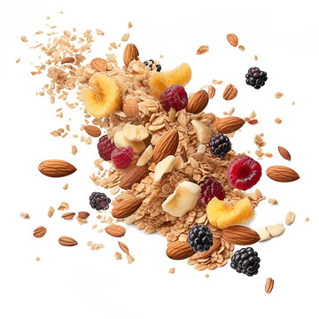 Muesli grains with mixed berries and nuts on a white background for packaging promotional images