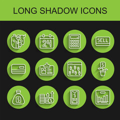 Set line Money bag, Financial growth and dollar, Bull bear of stock market, Mobile with, Pie chart infographic, Identification badge, Dollar plant and Bitcoin browser icon. Vector