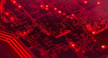 Macro picture of a red curcuit board as background texture. Generative AI.