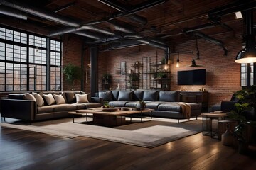an urban loft living area featuring  brick walls, industrial lighting, and contemporary furniture