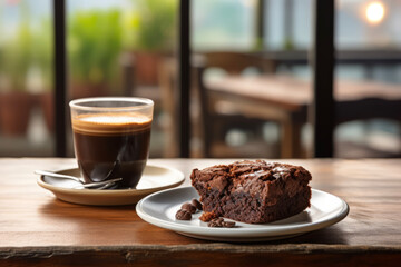 Delicious brownies and coffee for breakfast on wooden table in coffee shop in warm resting light in the background. Good lifestyle concept for eating and resting. - obrazy, fototapety, plakaty