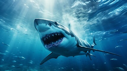a bottom view of an ocean shark. A dangerously open mouthful of teeth. Underwater sea waves are blue, and a shark is swimming forward.
