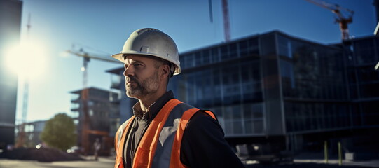 A civil engineer at a construction site wearing a helmet and protective gear inspects a construction site