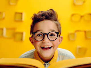 Little boy with amazed expression with wide eyes and mouth while reading a book - obrazy, fototapety, plakaty