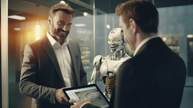 A friendly man in an office holding a tablet and communicating with a robot