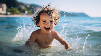 Happy one year old baby splashing and playing in the sea. Smiling and laughing from the splashing.

