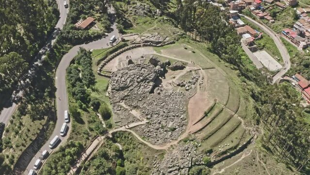 Archaelogical Qenqo. Strange and weird rock structures. Neighborhoods Cusco City. Aerial view