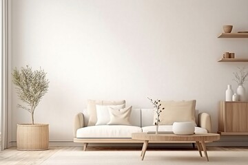 Minimalist modern living room interior background, Scandinavian style, 3D render. Generated by AI.