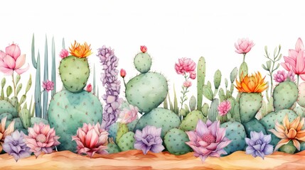 Obraz na płótnie Canvas Watercolor seamless border cactus pattern