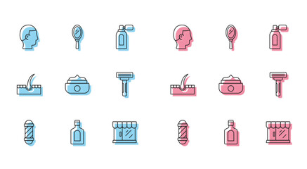 Set line Classic Barber shop pole, Bottle of shampoo, Hairstyle for men, Barbershop building, Gel wax hair styling, Shaving razor, Human follicle and Hand mirror icon. Vector