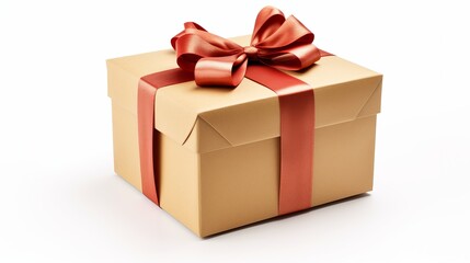 Fototapeta premium Wrapped vintage gift box with red ribbon bow, isolated on white