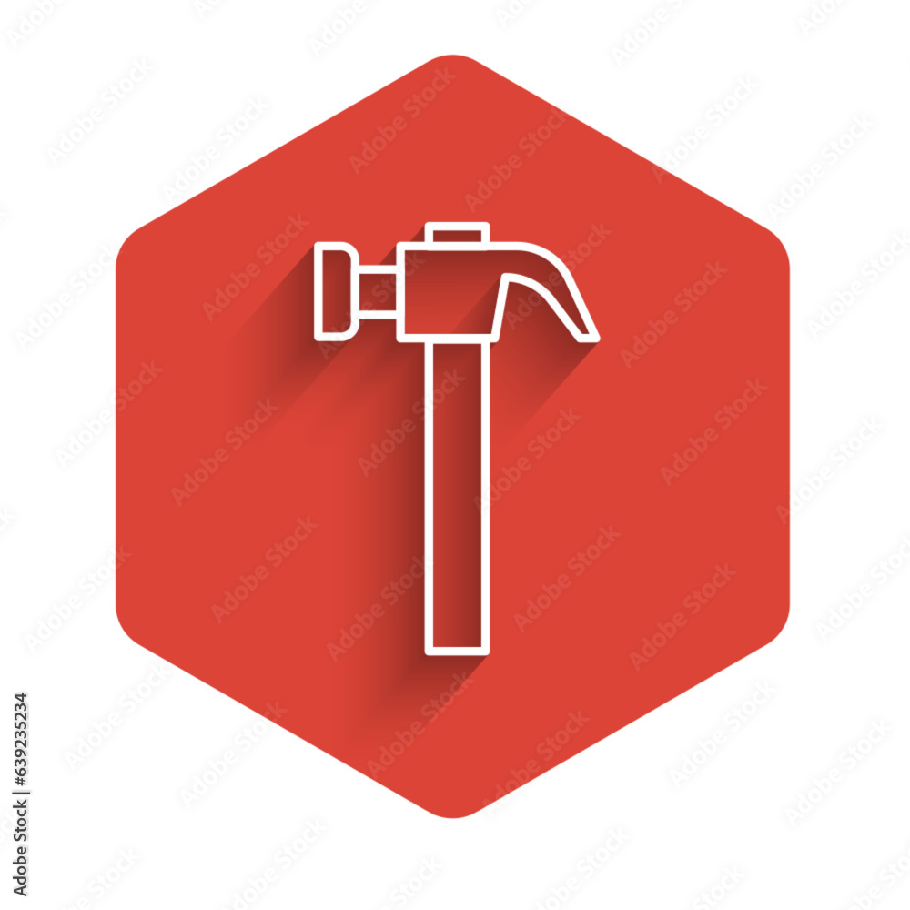 Poster white line hammer icon isolated with long shadow. tool for repair. red hexagon button. vector